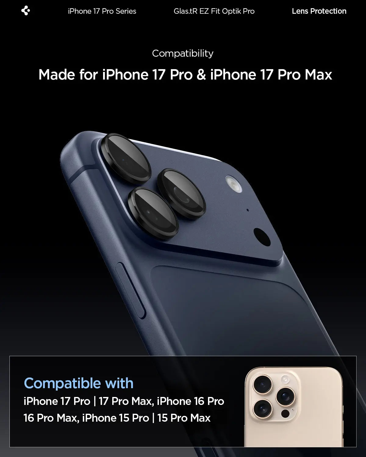 [2 Pack] iPhone 17 Pro Max / 17 Pro / 16 Pro Max / 16 Pro / 15 Pro Max / 15 Pro / 14 Pro Max / 14 Pro Camera Lens Protector EZ Fit Optik Pro - Spigen Malaysia